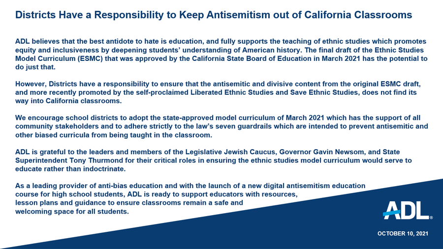 ADL’s Statement on AB-101: Ethnic Studies