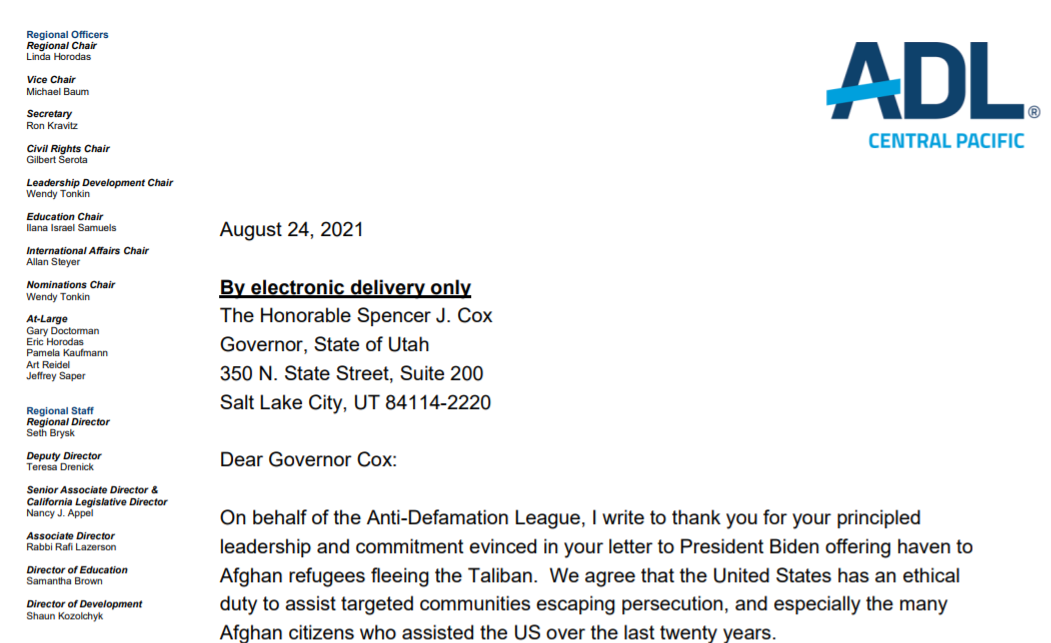 Gov Cox Afghan Refugee Resettlement