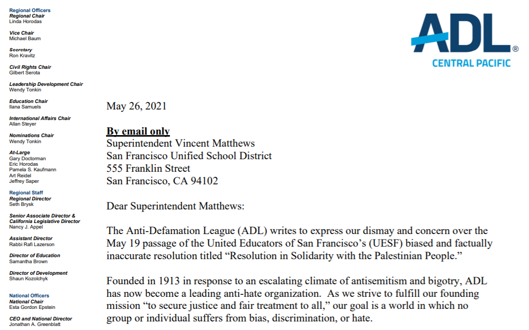 ADL Calls on SFUSD to Distance Itself from Teachers Union’s Biased Resolution on the Israeli-Palestinian Conflict